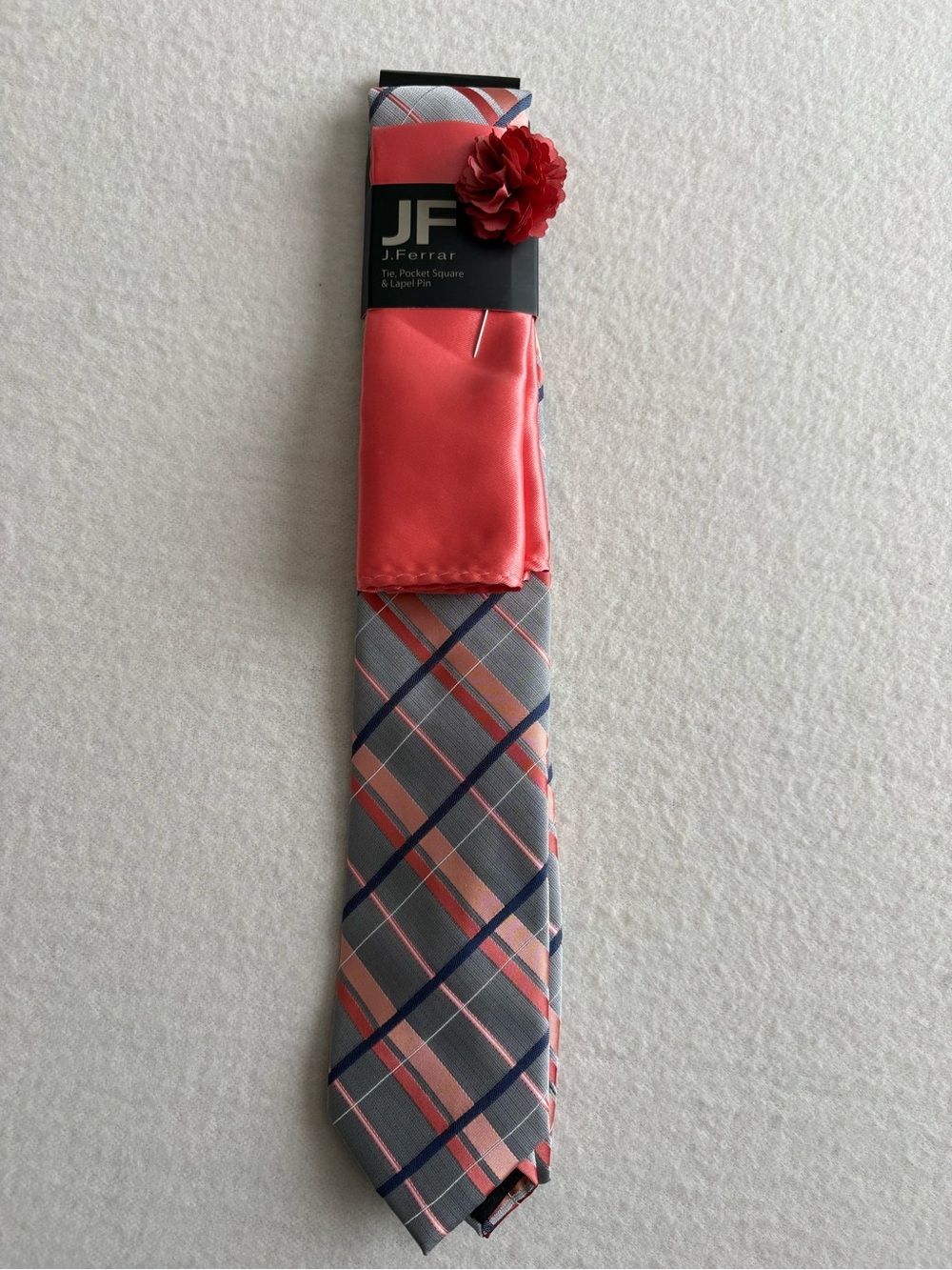jf j.ferrar Coral and Gray Plaid Tie Set with Pocket Square & Lapel Flower